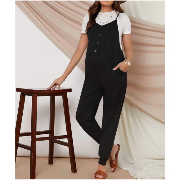 BellanBlue Pants - MATERNITY black button up cami jumpsuit pocket